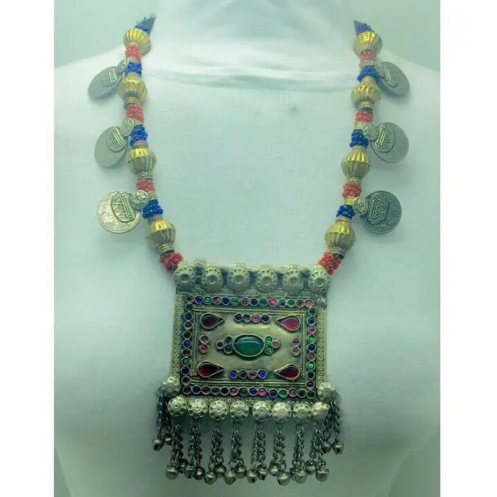 Red and Blue Beaded Pendant NecklaceBohemian Necklace